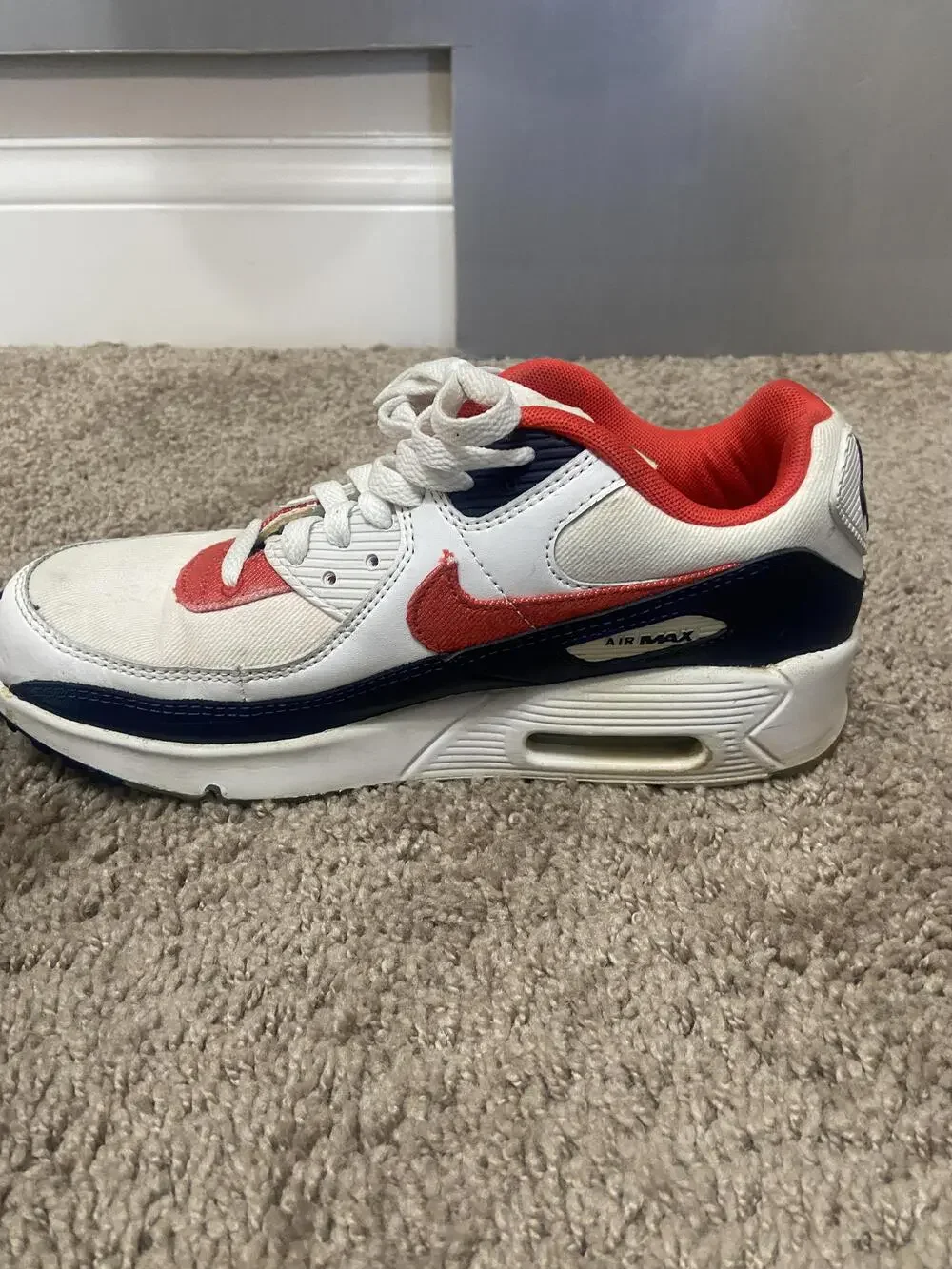 Nike Air Max 90 Shoes Youth Size 7Y White Red Navy Leather Running Sneakers